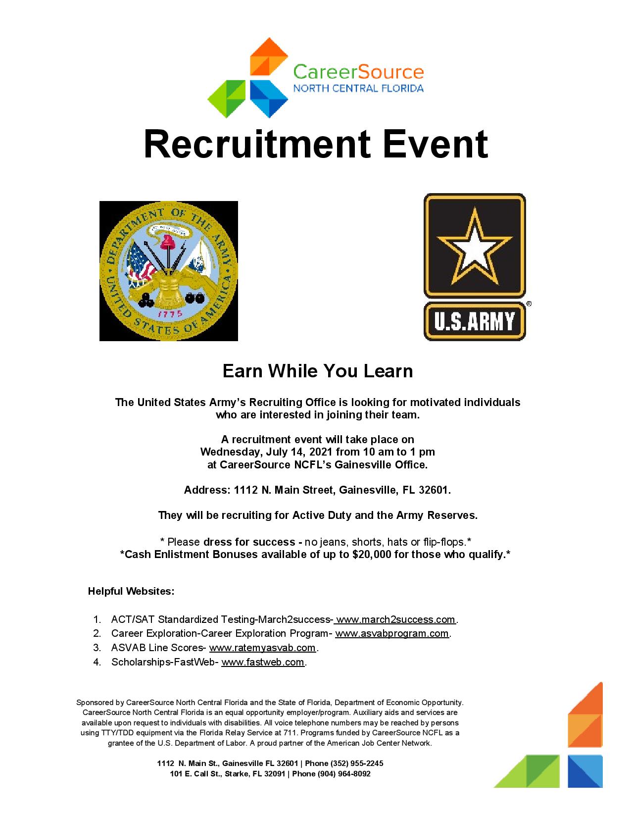 RECRUITMENT EVENT U.S. Army CareerSource North Central Florida