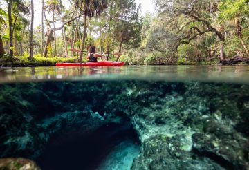 Over and Under picture of a girl kayaking in a lake near an underwater cave formation. Taken in 7 Sisters Springs, Chassahowitzka River, Florida, United States of America.