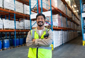 In warehouse, worker standing confidently with arms crossed among stacked shelves. Logistics, storage, organization, supply chain, industrial, personnel